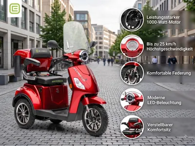 Produktbild von E-Seniorenmobil Denia, Blei-Akku, 3-Rad, 1000 Watt, Rot