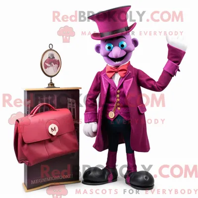 Produktbild von Maskottchenfigur REDBROKOLY eines magentafarbenen Zirkusdirektors mit Oxford-Hemd und Handtaschen