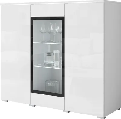 Produktbild von MIRJAN24 Türkommode Vera 120, Stilvoll Wohnzimmer, Kommode mit drei Drehtüren (Farbe: Weiß / Weiß Hochglanz, mit weißer LED Beleuchtung)