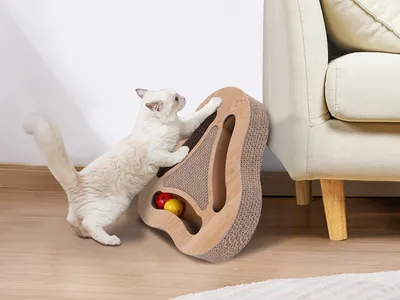 Produktbild von Nobleza Katzen kratzbrett mit Minze，Katzenspielzeug Interaktives mit 2 Klingelballs，3 in 1 Wellpappe Kratzmatte Katze