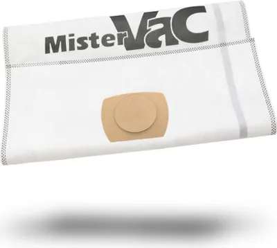A white vacuum cleaner bag with a logo and a circular cardboard closure.