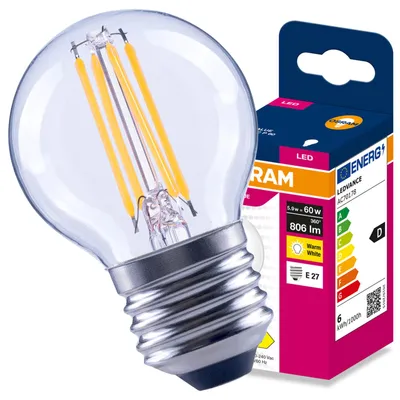 Obrázok produktu pre LED žiarovka E27, tvar gule (P45), 5,9 W = 60 W, 806 lúmenov, 2700 K (teplá biela), uhol vyžarovania 300°, filament, značka Osram, Obrázok generovaný UI