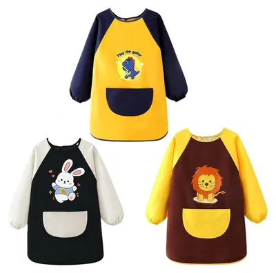 Produktbild von 3er-Set Kinder-Schürzen zum Malen, geeignet für Kinder im Alter von 5-8 Jahren, wasserdichte Kinder-Schürzen zum Kochen, Schürzen mit langen Ärmeln und Taschen, geeignet für Jungen und Mädchen, zum Malen, Backen und Basteln