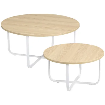 Produktbild von HOMCOM Set mit 2 Couchtischen Ø65x32 cm und Ø45x26 cm. Runde Wohnzimmertische mit Holzplatte und Metallbeinen für Schlafzimmer, Natur und Weiß