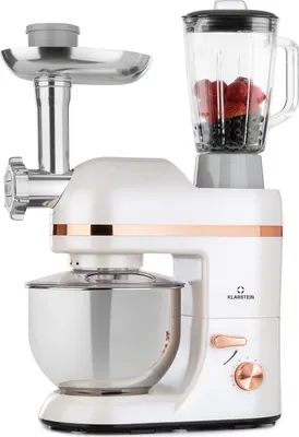 Produktbild von Klarstein Küchenmaschine, Planetenrührwerk, 3-in-1, 2000W, 6 Stufen, 5L Edelstahl-Schüssel, 1,5L Glas-Mixer, Fleischwolf, Schneebesen, Rühr- & Knethaken, Mixer, geräuscharm, kompakt, 44x60x23 cm (BxHxT)