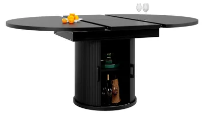 Produktbild von Ausziehbarer Esstisch Rund zu Oval, Esszimmertisch mit Stauraum, Küchentisch für 4–6 Personen, Platzsparender Runder Tisch mit Ausziehbarer Tischplatte für Wohnzimmer, Küche, Balkon (Schwarz)
