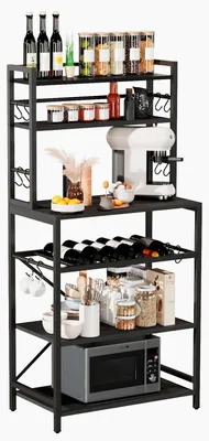 Imagen del producto de Estantería para cocina, soporte para horno microondas con estantes de almacenamiento, estación industrial para cafeterías, con soportes ajustables para botellas de vino y 12 ganchos en forma de S