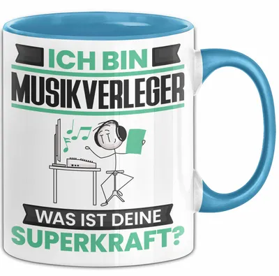 Produktbild von Musikverleger Tasse Geschenk für Musikverleger Geburtstag Lustiger Spruch Kaffee-Becher Was Ist Deine Superkraft (Blau)