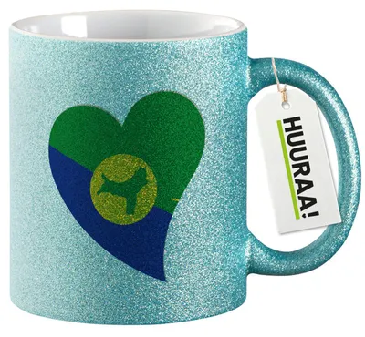 Produktbild von Huuraa Glitzertasse Weihnachtsinsel Flagge Herz 330ml Blau Keramik Kaffeebecher Geschenkidee