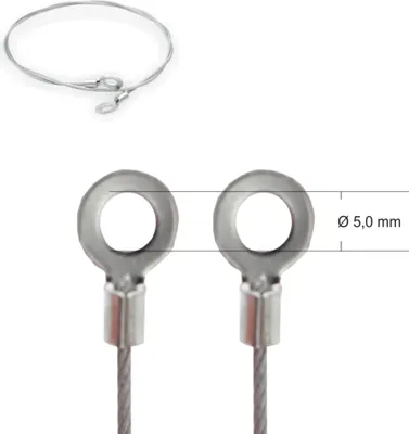 Produktbild von Drahtseil Ø 1,5 mm, 7x7, mit beidseitigem Ringkabelschuh Ø 5 mm Öse | Länge 170 mm