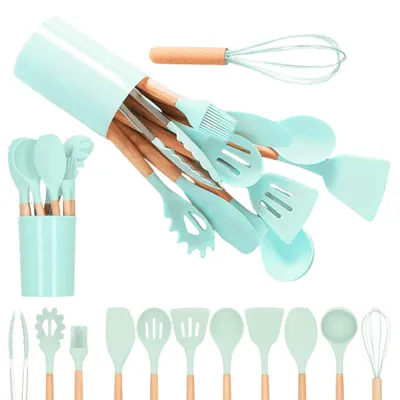 Image de Ustensiles cuisine 12 pièces silicone bambou vert menthe cuisson facile résistant chaleur support