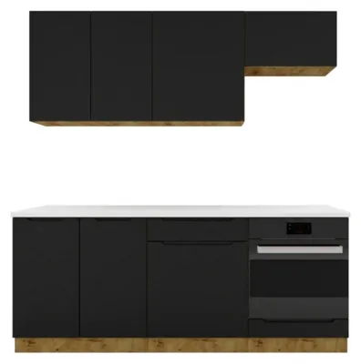 Produktbild von Küchenzeile 200 cm Schwarz Matt - mit weißer Arbeitsplatte - MDF - moderne Küchenmöbel-Set - Schubladen mit Soft-Close - ISABEL