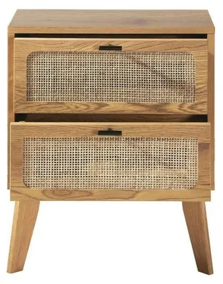 Produktbild von Nachttisch mit 2 Schubladen in Holzoptik und Rattanfronten, B 45 cm – ALIA