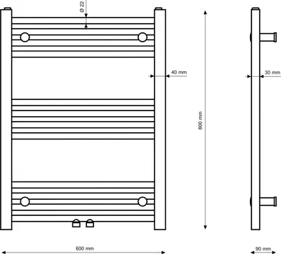 Technical drawing of a white radiator with dimensions.
