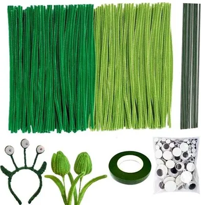 Produktbild von 200 grüne Pfeifenreiniger 30 cm - Chenilledraht zum Basteln - mit 100 selbstklebenden Wackelaugen - dekorative Blumen (grün hellgrün)