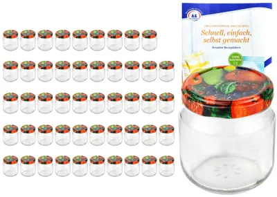 Produktbild von 50er Set Rundglas 212 ml nieder To 66 Obst Dekor Deckel Marmeladengläser Gläser incl. Rezeptheft