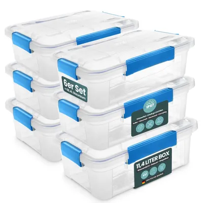 Produktbild von Kreher® Aufbewahrungsbox 11.4 L mit Deckel - wasserdicht & staubdicht, transparent & stapelbar, BPA- & schadstofffrei, robuste Kunststoffbox (6 Stück)