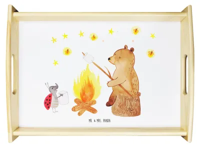 Produktbild von Mr. & Mrs. Panda Snack Tablett Bär & Marienkäfer Lagerfeuer - Weiß - Geschenk, Sofa, Deko, holz, für bett, Serviertablett, Teddy