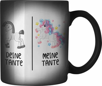 Produktbild von Trendation - Beste Tante Geschenk Farbwechsel Zauber-Tasse mit Spruch Karabiner Farbwechsel Zauber-Tasse Edelstahl für Tante Coole Tante Einhorn (Schwarz)