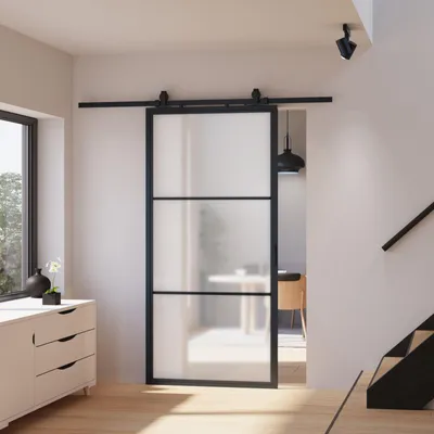 Produktbild von inova Loft-Glasschiebetür 1025 x 2200 mm, 3 Felder satiniert, Stahlrahmen Schwarz, Komplettset mit offener Laufschiene, Softclose beidseitig