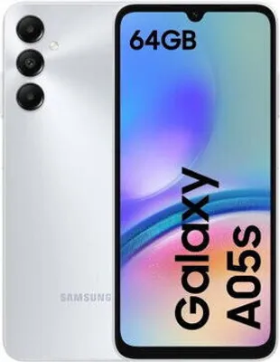A product image of a silver Samsung Galaxy A05s smartphone, shown from the back and front.