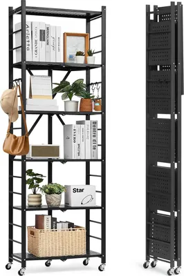 Image de VEVOR 6 étages, étagères pliables avec roulettes, 30 x 61 x 183 cm, étagère pliable pour charges lourdes, étagère sur pied sans montage, étagère ménagère, étagère de cuisine, étagère métallique pour garage, cuisine, cave, noir