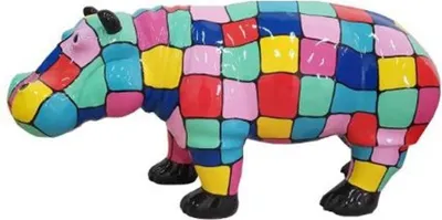 Produktbild von Casa Padrino Designer Dekofigur Nilpferd Mehrfarbig / Schwarz 100 x H. 45 cm - Deko Skulptur - Gartenfigur - Wetterbeständige Gartendekoration