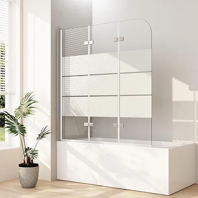 Produktbild von Duschwand für badewanne, 130x140cm Milchglas Gestreift 3-teilig Faltbar Badewannenaufsatz Duschtrennwand Duschabtrennung mit 6mm ESG Glas
