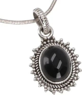 Produktbild von Ovaler, Verzierter Boho Silberanhänger, Indischer Kettenanhänger aus Silber - Onyx, Schwarz, SterlingSilber, 2*1,5 cm, Anhänger & Amulette aus Silber