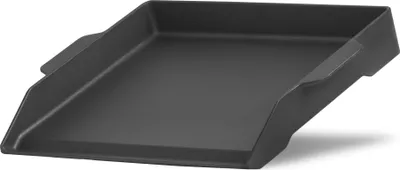 A black cast iron griddle plate with handles on a white background.