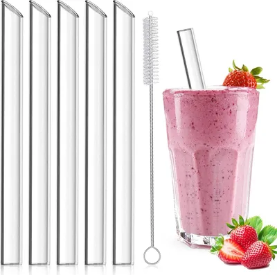 Productafbeelding van Herbruikbare glazen theerietjes + reinigingsborstels - Set van 5 - Milieuvriendelijk - BPA-vrij - Ideaal voor cocktails - Theebellen en smoothies