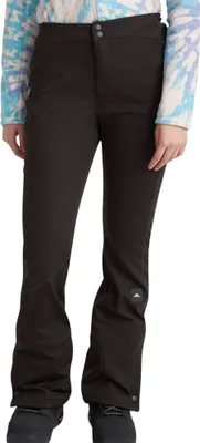 A person wearing black ski pants and a colorful jacket.