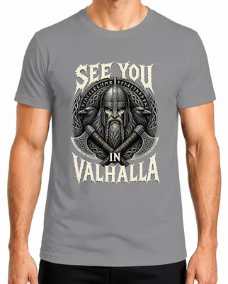 Imagen del producto de Camiseta "See You In Valhalla", diseño de guerrero vikingo, Odín, cuervos, mitología nórdica, "Señores". Color: gris. Talla: XL