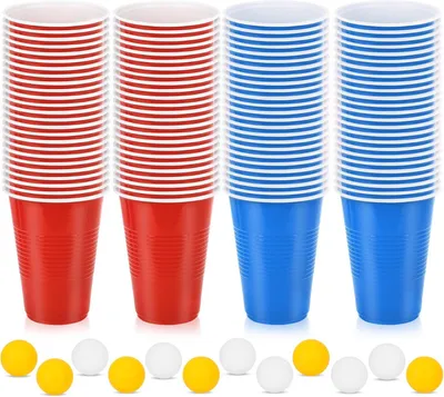 Productafbeelding van Beerpong Partybekers - 100 bekers - 12 ballen - Beer pong bekers - Plastic bekers rood en blauw - 453 ml