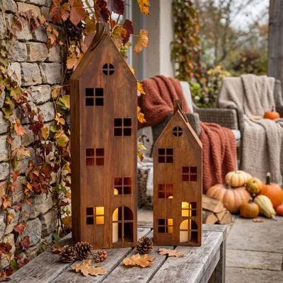 Produktbild von 2er Set Laterne Haus H65-95cm Metall Rost Deko Windlicht Shabby Chic Vintage Kerze Kerzenständer Lichtdeko