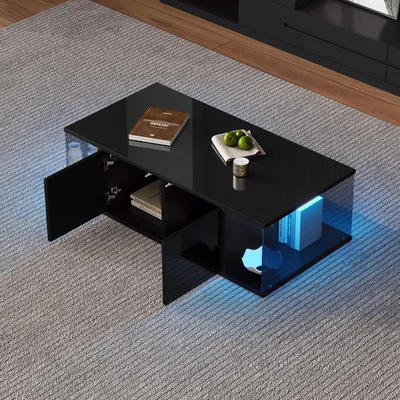 Image de MODFU Table Basse - Table de Salon Noir avec LED et Verre Trempé, 2 Placards, 100x50x30 cm