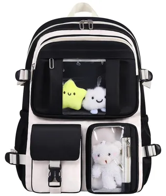 Produktbild von Rucksack Kawaii für Mädchen, Niedliche Tasche mit Bären-Anhänger, Schulrucksack Schwarz