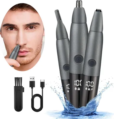 Produktbild von Nasen- & Ohrhaartrimmer 3-in-1 für Männer & Frauen, LED Anzeige, wasserdicht IPX7, wiederaufladbar Typ-C, Edelstahl Schneideköpfe, sanft & schmerzfrei
