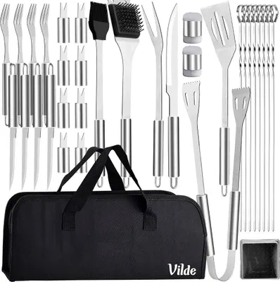 A collection of stainless steel barbecue tools laid out on a white background, with a black carrying case at the bottom.