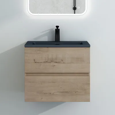 Produktbild von Mai & Mai Badmöbel-Set Waschtisch mit Unterschrank Mineralguss Waschbecken in Anthrazit Waschbeckenunterschrank 60x48x50cm Eiche Greige 2-Schubladen Soft-Close Aqualis