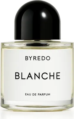 A product shot of a Byredo Blanche Eau de Parfum spray bottle.