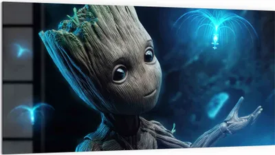 Produktbild von DEQORI Küchenrückwand Glas 100x50 cm 'Niedlicher Baby Groot' Spritzschutz Bad Rückwand