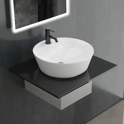 Produktbild von Alpenberger Keramik Waschtisch auf Granit Waschtischplatte | Rund Waschbecken mit Schwarze Granitplatte (Naturstein) | Sanitärkeramik Aufsatzbecken mit Nano) | Keramik-Waschschale mit Hahnloch | Nano-Beschichtung