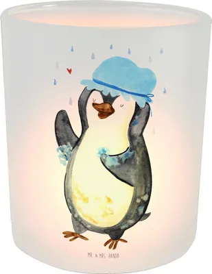 Produktbild von Mr. & Mrs. Panda Kerzenhalter Pinguin Duschen - Transparent - Geschenk, Kerzenglas, Lichtglas, Teelichthalter Glas, Baden, Singen, Neuanfang, Lebensmotto, Duschkonzert