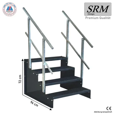 Produktbild von 4 Stufen Standtreppe Modell 2 komplett anthrazit Treppe Stahltreppe Tritthöhe 18 cm Breite 60 cm Höhe 72 cm 2x Geländer