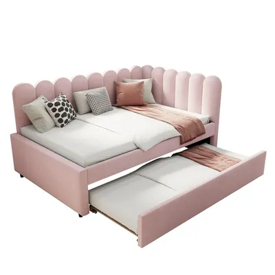 Produktbild von L-förmiges Polsterbett,Schlafsofa(Rosa,140x200cm)mit geblümter Rückenlehne und Ausziehbett in Samtstoff