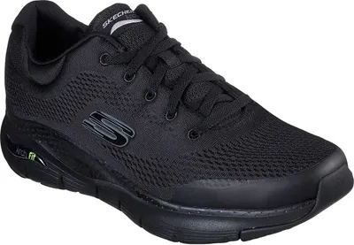A black Skechers Arch Fit shoe is shown from the side against a white background.