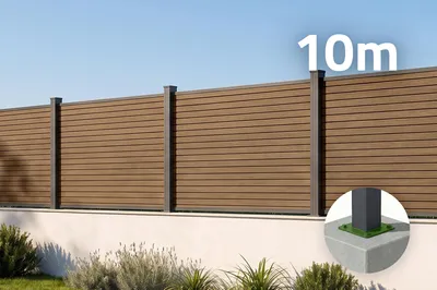 Produktbild von 10 m hoher PRIEL-Zaun aus Holzimitat-Verbundmaterial, 90 cm hoch, auf Teakholz-Fußplatten