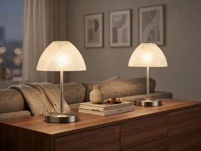 Produktbild von 2er SET kleine LED Tischlampen dimmbar Höhe 24cm Metall Silber -Glasschirm Weiß