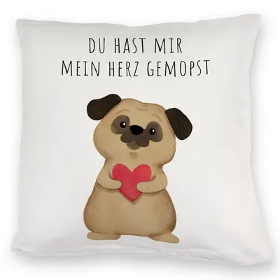Produktbild von Mops mit Herz Kuschelkissen mit Spruch Du hast mir mein Herz gemopst